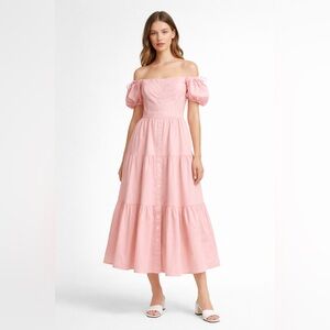 STAUD Pink Off-Shoulder Tiered Button-Front Maxi Dress